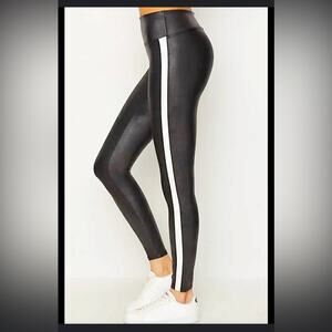 Black Spanx Faux Leather Leggings White Side Stripe Tight Bodycon Pants Small